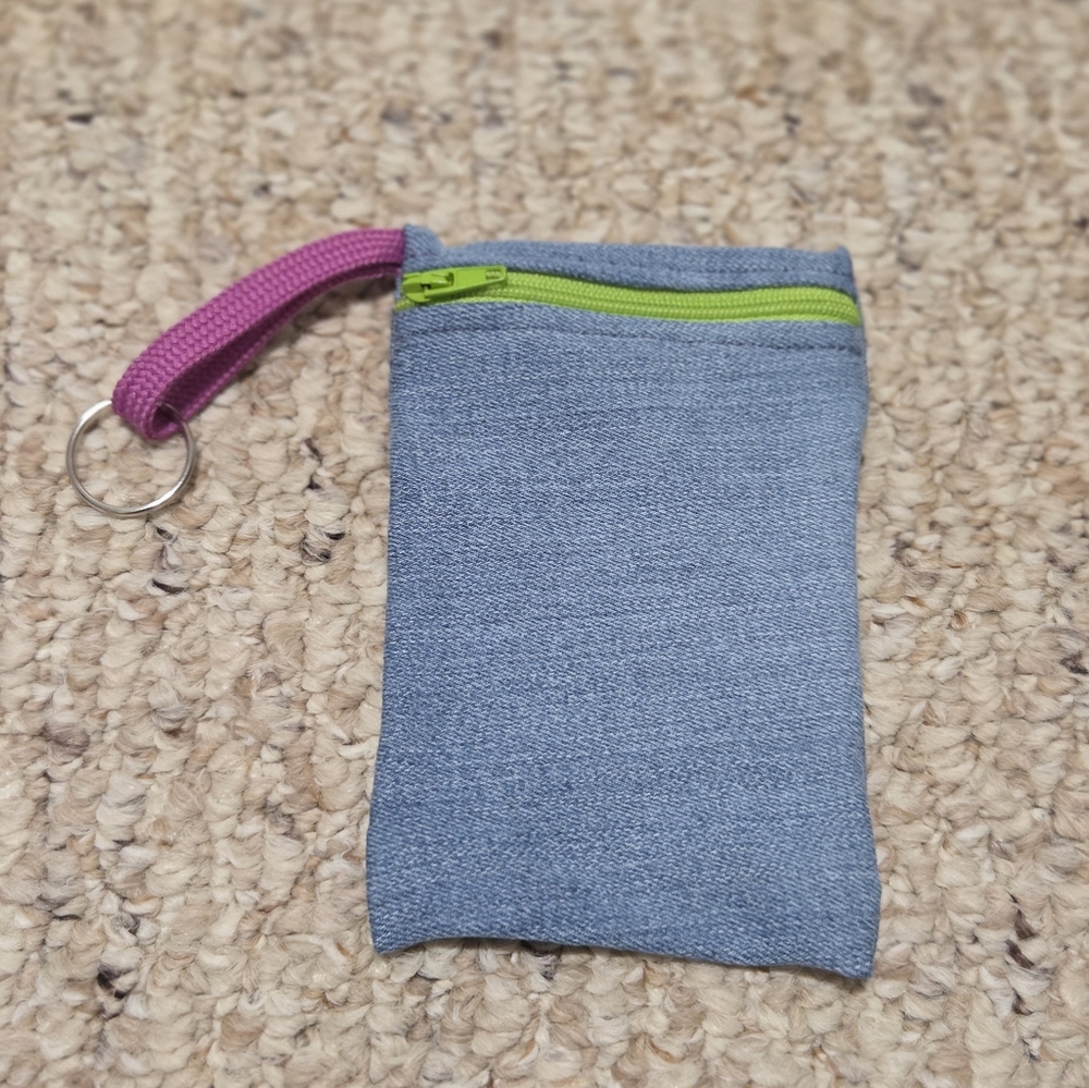 Upcycled Denim Pouch with Green Zipper and Purple Strap